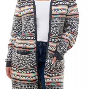 MONTEAU LOS ANGELES Aztec Long Hooded Cardigan Open Front Multicolour Sz Small